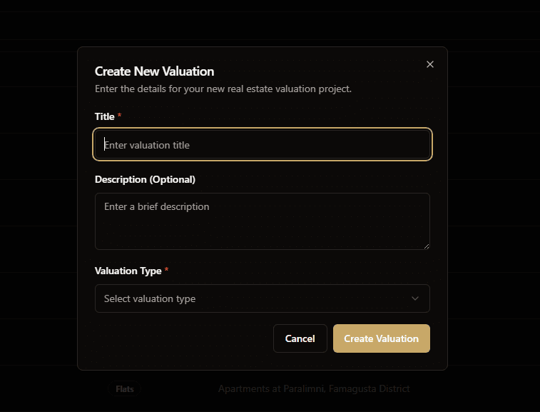 Create new valuation modal