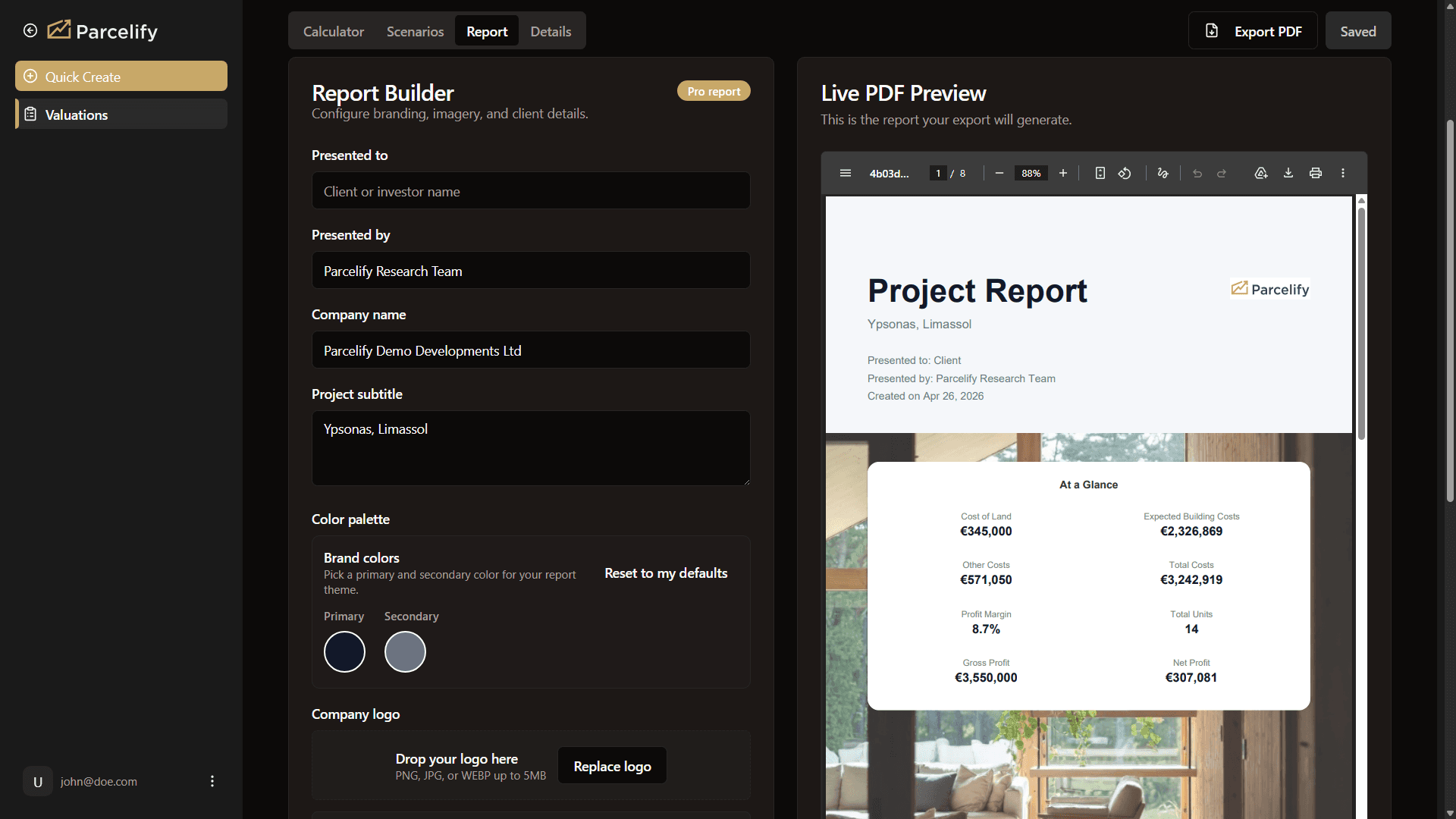 Generated branded PDF report preview